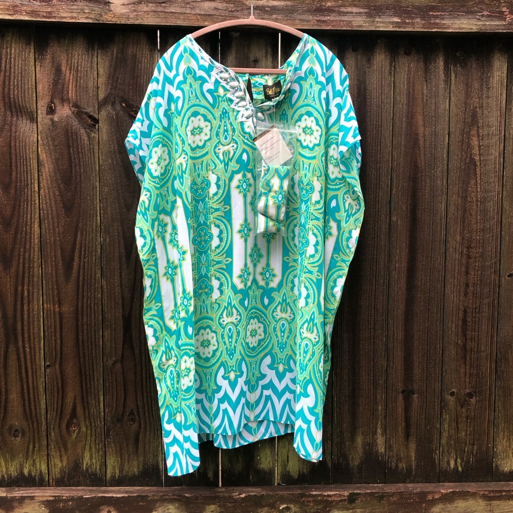 NWT Bob Mackie Moroccan Paisley Print Caftan & Scarf Set Teal Size 2X Beaded